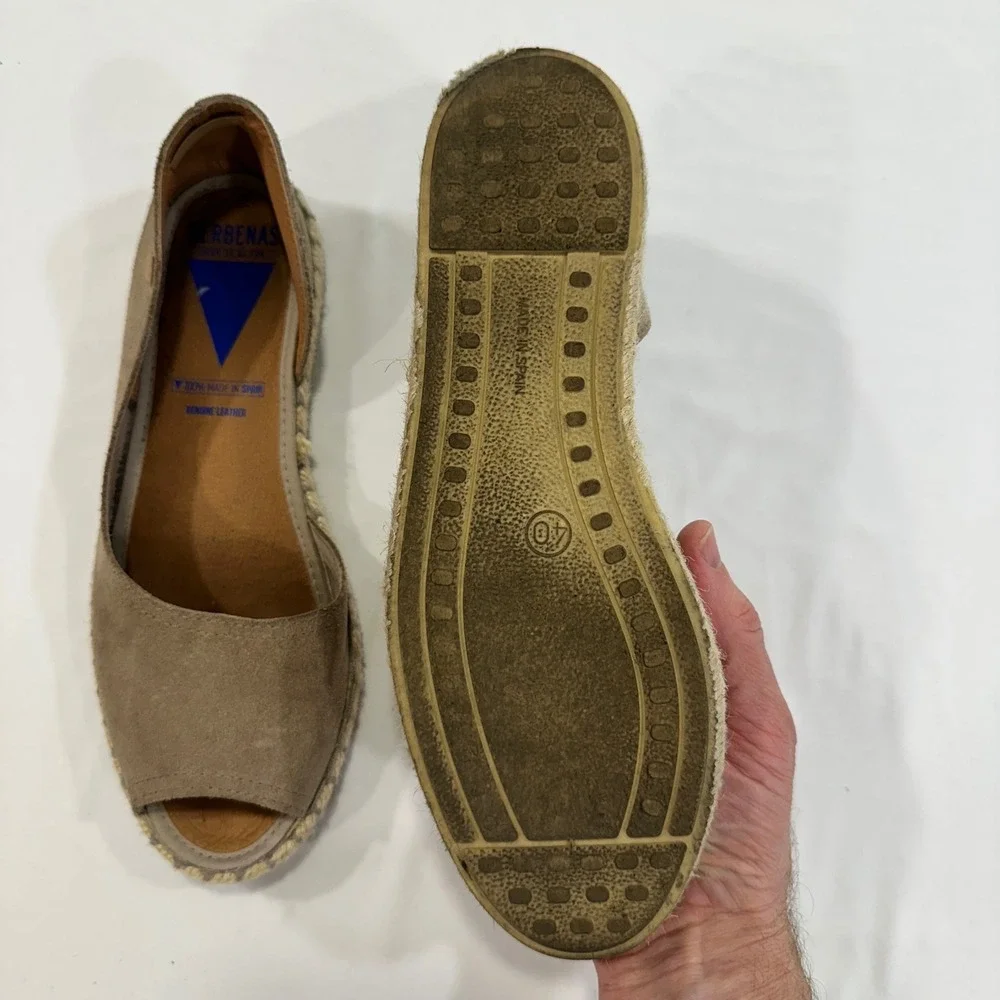 Verbenas Cruz Espadrille Flats Women Size 40 Taupe Suede Peep Toe | Coastal Boho
